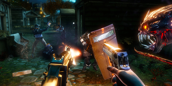 Darkness 2 gameplay screenshot, demons and guns, oh my!