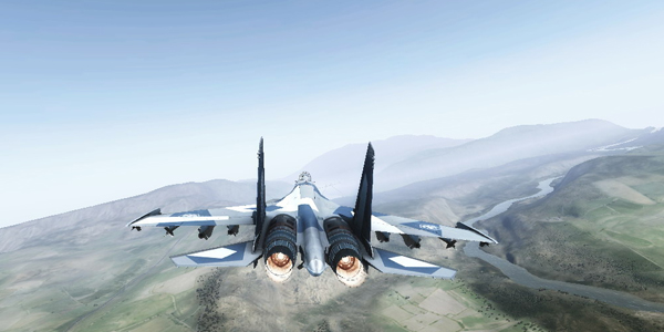 janes advanced strike fighters in flight, over the shoulder view