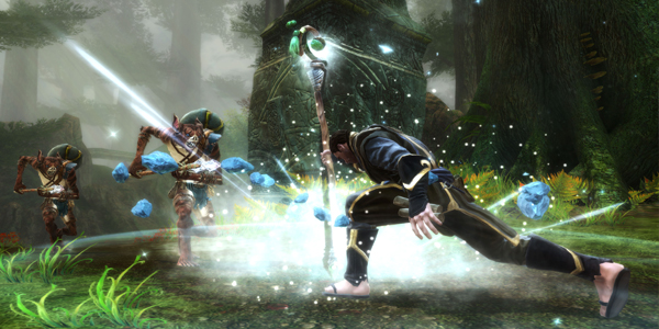 KOA art - monk warrior smashing ground with magic staff while two foes attack him