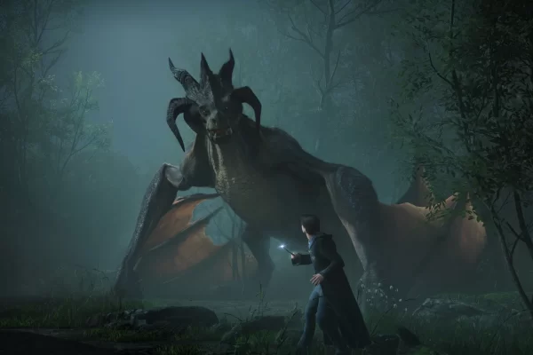Young wizard confronts a very large dragon