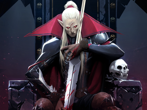 V Rising cover image showing a pale skinned vampire with white hair holding a bloodied large sword and sitting on an ornate throne,