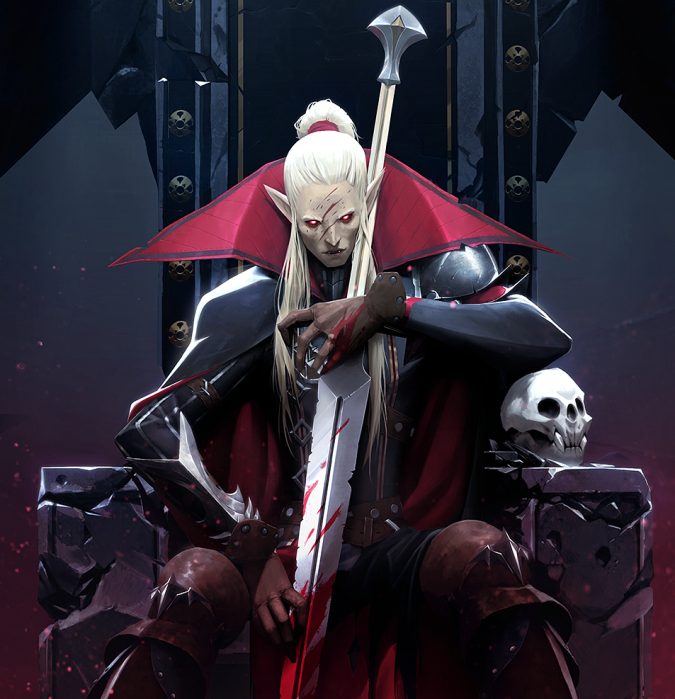 V Rising cover image showing a pale skinned vampire with white hair holding a bloodied large sword and sitting on an ornate throne,